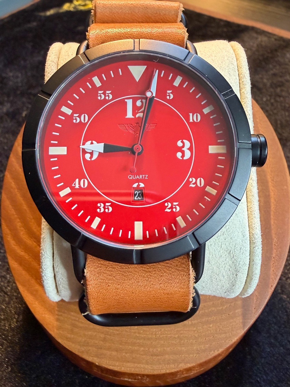 Peregrine Squadron Men's Red Dial Leather NATO Strap Quartz Watch